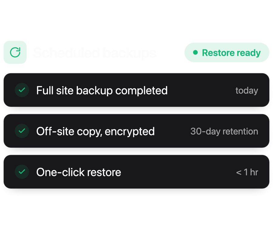 Scheduled backups with fast recovery.