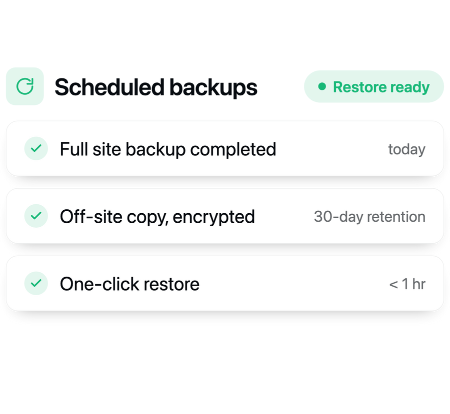 Scheduled backups with fast recovery.